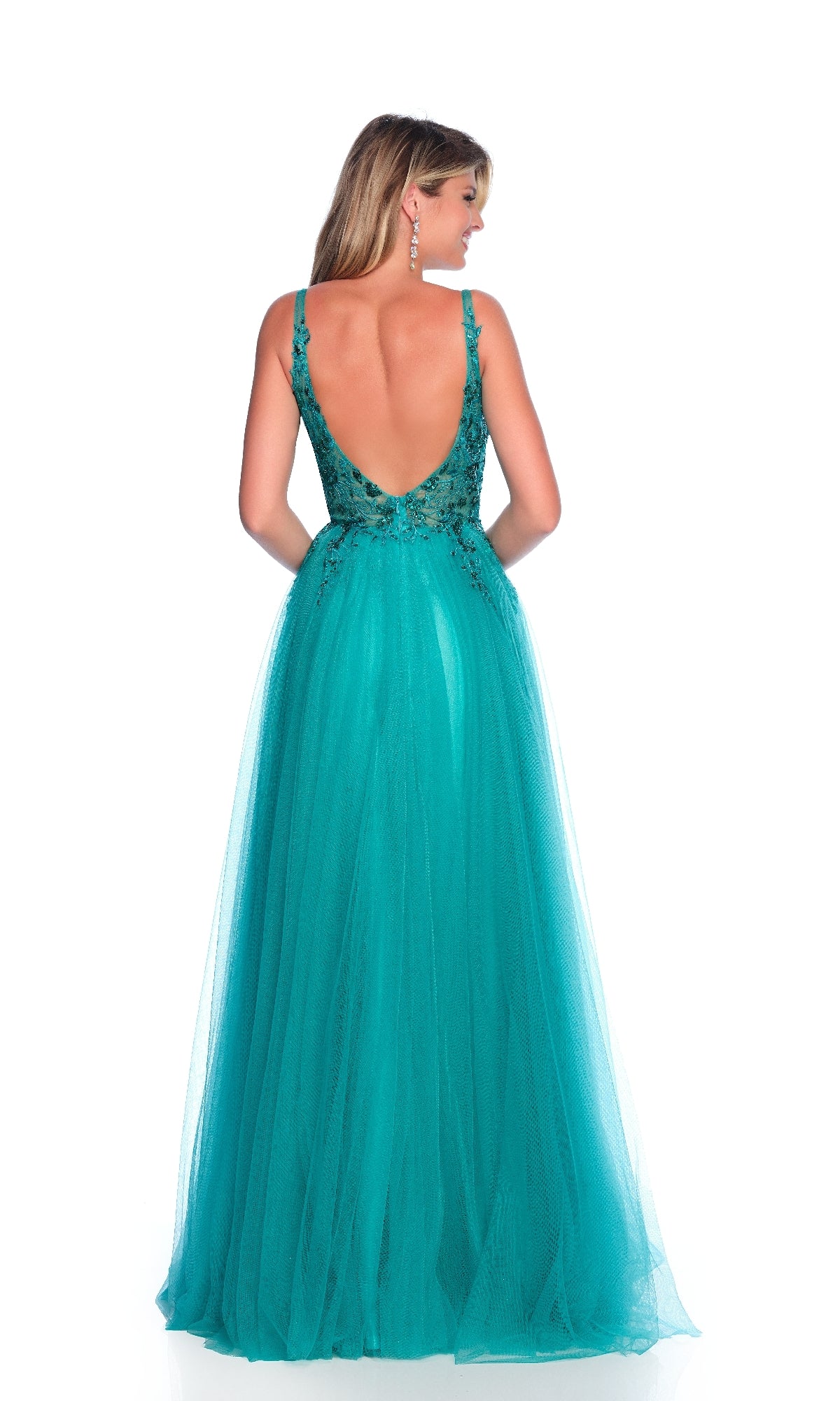 A woman stands with her back to the camera in the Dave and Johnny 12027, a sleeveless teal blue long prom dress featuring an embroidered sheer bodice, A-line tulle skirt, and elegant open back.